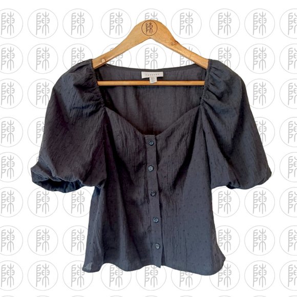 Topshop Tops - Black Topshop Textured Dot Puff Sleeve Blouse Top Size 8